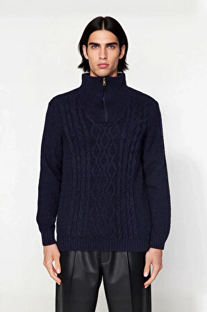 Erkek Regular Kesim Dik Yaka Uzun Kollu Fermuar Detaylı Saç Örgü Triko Kışlık Kazak Kaliteli