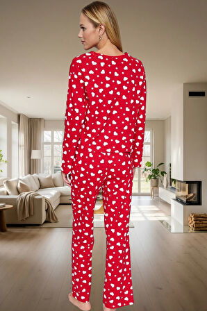 Kadın Kalpli Pamuklu Pijama Takımı Rahat Ev Giyim Seti Kışlık Şık Görünüm Özel Tasarım Modern Stil