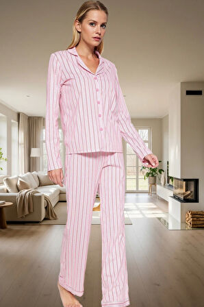 Kadın Pamuklu Çizgili Pijama Takımı Regular Kalıp Uzun Kollu Kışlık Rahat Özenle Seçilmiş