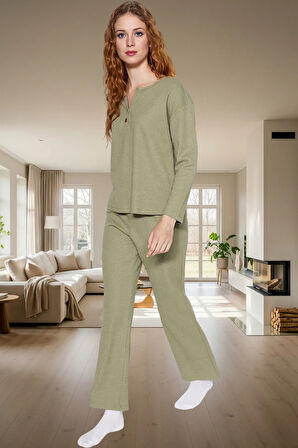 Kadın V Yaka Uzun Kollu Pamuklu Pijama Takımı Kış Mevsimi İçin Rahat Yüksek Kalite Trend Tasarım