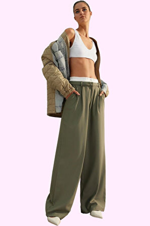 Kadın Yüksek Bel Geniş Paça Dokuma Pantolon Poliviskon Kumaş Günlük Şıklık Kaliteli Malzeme