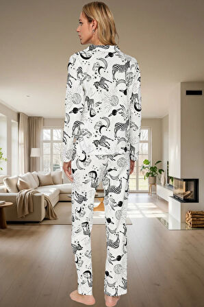 Kadın Rahat Pamuklu Uzun Kollu Zebra Desenli Pijama Takımı Zarif Tasarım Konforlu Kesim Kullanım