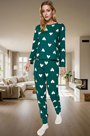 Kadın Kalpli Desenli Pamuklu Pijama Takımı Kış Mevsimi İçin Rahat Uyku Konforlu Kesim