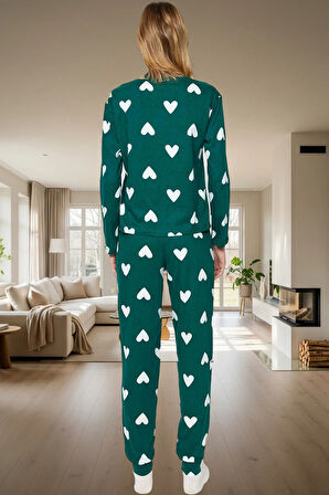 Kadın Kalpli Desenli Pamuklu Pijama Takımı Kış Mevsimi İçin Rahat Uyku Konforlu Kesim
