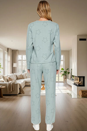 Kadın Yıldız Desenli Pamuklu Pijama Takımı Rahat Ev Giyim Seti Seçkin Malzeme Özenle Seçilmiş