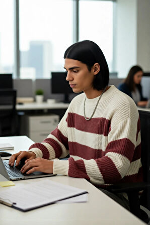 Erkek Oversize Geniş Kalıp Bisiklet Yaka Çizgili Akrilik Triko Kazak Soğuk Kış Günleri İçin İdeal