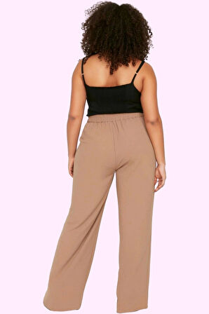 Kadın Yüksek Bel Geniş Paça Dokuma Pantolon Fermuarlı Casual Günlük Yaz Aylarının Vazgeçilmezi