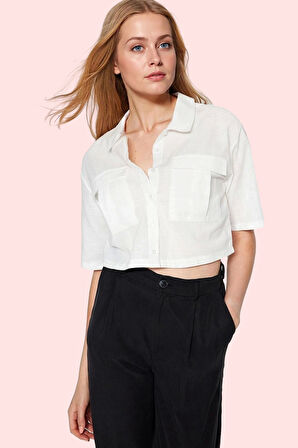 Kadın Kısa Kollu Cep Detaylı Basic Gömlek Pamuklu Günlük Kullanım Yaz Aylarının Vazgeçilmezi