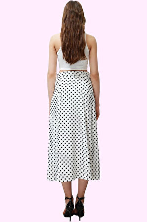 Kadın Midi Boy Puantiyeli Etek Yüksek Bel A line Shally Dokuma Viskoz Yazlık Günlük Kullanım