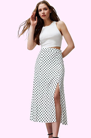 Kadın Midi Boy Puantiyeli Etek Yüksek Bel A line Shally Dokuma Viskoz Yazlık Günlük Kullanım