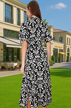 Kadın Çiçek Desenli Midi Gömlek Elbise Viskoz Kumaş Günlük Yazlık Kaliteli İşçilik Rahat Kullanım