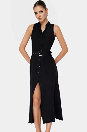 Maxi Kemerli Gömlek Elbise Dokuma Polyester Yazlık Şık Tasarım Seçkin Malzeme Trend