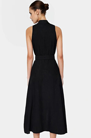 Maxi Kemerli Gömlek Elbise Dokuma Polyester Yazlık Şık Tasarım Seçkin Malzeme Trend