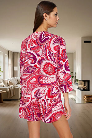 Kadın Şık Etnik Desenli Viskon Pijama Takımı Rahat Kalıp Yazlık Homewear Modern Stil Kullanım