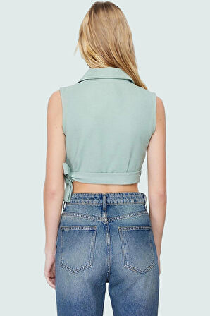 Keten Görünümlü Crop Bluz Ceket Yaka Kalın Askılı Yazlık Rahat Kullanım