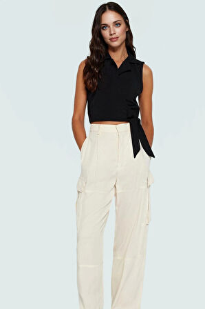 Keten Görünümlü Crop Bluz Ceket Yaka Kalın Askılı Yazlık Rahat Kullanım