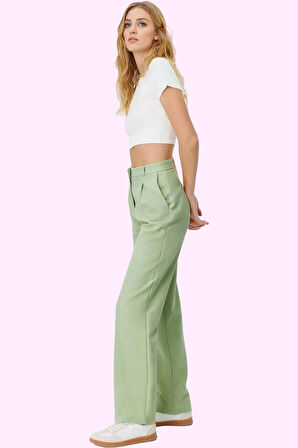 Kadın Geniş Paça Pileli Dokuma Pantolon Yüksek Bel Casual Günlük Yaz Aylarının Vazgeçilmezi