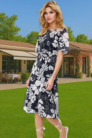 Şifon A Kesim Midi Elbise Astarlı Kısa Melek Kol Yazlık Günlük Kullanım İçin Kaliteli İşçilik