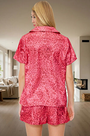 Kadın Leopar Desenli Saten Pijama Takımı Yazlık Rahat Homewear Kullanım Premium Kalite