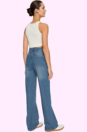 Kadın Yüksek Bel Geniş Paça Jean Pantolon Pamuk Günlük Kombinler Yaz Aylarının Vazgeçilmezi