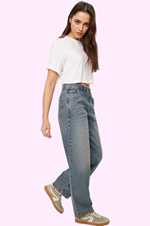 Kadın Düşük Bel Geniş Paça Baggy Jean Pamuk Günlük Stil Hafta Sonu Yaz Aylarının Vazgeçilmezi