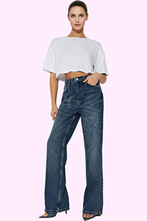 Kadın Yüksek Bel Geniş Paça Denim Jean Pamuk Günlük Kombinler Hafta Sonu Dayanıklı Malzeme