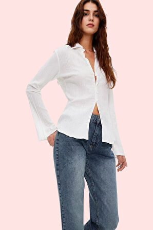 Kadın Dokulu Fitted Gömlek Crinkle Dokuma Günlük Kullanım Hafta Sonu Yaz Aylarının Vazgeçilmezi