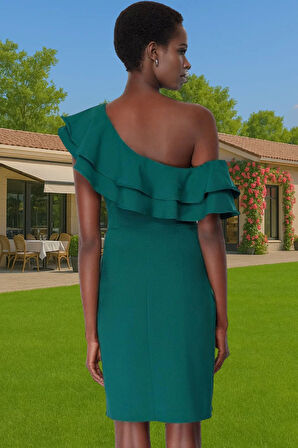 Tek Omuz Volan Detaylı Mini Elbise Dokuma Kumaş Özel Günler İçin Modern Stil Mükemmel Uyum