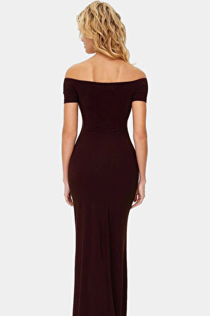 Maxi Elbise Örme Kumaş Kısa Kol Carmen Yaka Bodycon Kalıp Yazlık Mükemmel Uyum