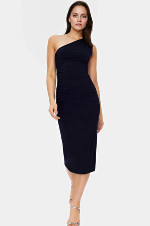 Tek Omuzlu Midi Kalem Elbise Örme Kumaş Bodycon Günlük Şık Rahat Kullanım Seçkin Malzeme