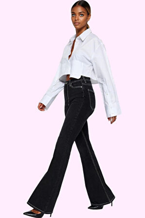 Kadın Yüksek Bel Flare Jean Denim Günlük Kombinler İçin Hafta Sonu Yaz Aylarının Vazgeçilmezi