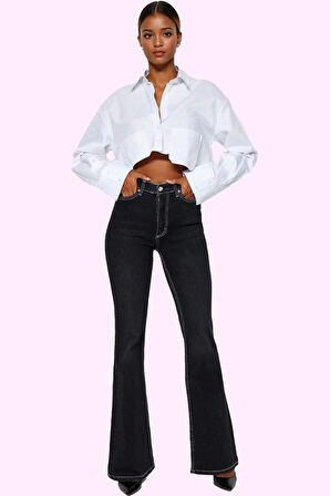 Kadın Yüksek Bel Flare Jean Denim Günlük Kombinler İçin Hafta Sonu Yaz Aylarının Vazgeçilmezi