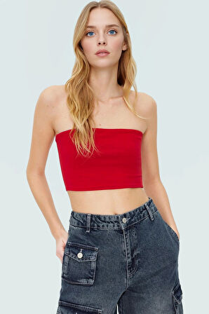 Fitted Straplez Yaka Crop Örme Bluz Rahat Günlük Stil Dayanıklı Malzeme Seçkin