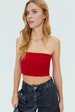 Fitted Straplez Yaka Crop Örme Bluz Rahat Günlük Stil Dayanıklı Malzeme Seçkin