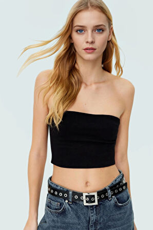 Fitted Straplez Yaka Crop Örme Bluz Rahat Günlük Stil Dayanıklı Malzeme Seçkin