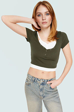 Fitted Vücudu Saran Kısa Bluz Kaşkorse Örme Polyester Yazlık Seçkin Malzeme Yüksek Kalite