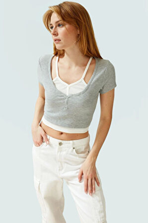 Fitted Vücudu Saran Kısa Bluz Kaşkorse Örme Polyester Yazlık Seçkin Malzeme Yüksek Kalite