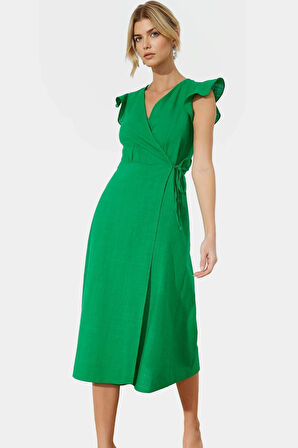 Yazlık Keten Görünümlü Midi Elbise Kruvaze V Yaka Kısa Kollu Tasarım Yüksek Kalite Dayanıklı Malzeme