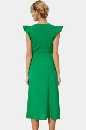 Yazlık Keten Görünümlü Midi Elbise Kruvaze V Yaka Kısa Kollu Tasarım Yüksek Kalite Dayanıklı Malzeme