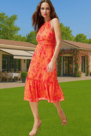 A Kesim Çiçek Desenli Şifon Midi Elbise Halter Yaka Astarlı Yazlık Uzun Ömürlü Günlük Kullanım İçin