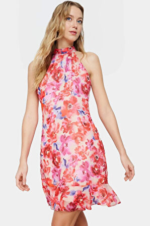 Şifon Mini Elbise Çiçek Desenli Halter Yaka Yazlık Astarlı Premium Kalite Zarifane Tasarım