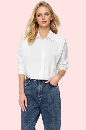 Kadın Crop Gömlek Yaka Düz Desenli Dokuma Terrycotton Kumaş Günlük Kullanım Modern Tasarım