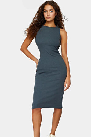 Kadın Midi Boy Örme Elbise 98 Pamuk 2 Elastan Rahat Yazlık Şık Görünüm Kullanım