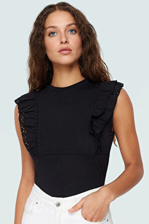 Kadın Bisiklet Yaka Örme Bluz Fırfırlı Kolsuz Günlük Stil Şık Görünüm Rahat Ve Modern