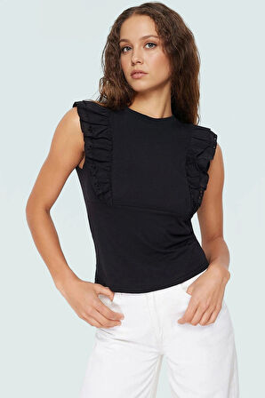 Kadın Bisiklet Yaka Örme Bluz Fırfırlı Kolsuz Günlük Stil Şık Görünüm Rahat Ve Modern