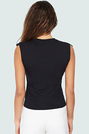 Kadın Bisiklet Yaka Örme Bluz Fırfırlı Kolsuz Günlük Stil Şık Görünüm Rahat Ve Modern