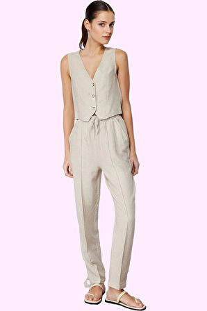 Kadın Yüksek Bel Straight Düz Kesim Keten Karışımlı Pantolon Yazlık Rahat Günlük Hafta Sonu