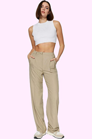 Kadın Straight Düz Kesim Pantolon Yüksek Bel Dokuma Kumaş İş Ve Günlük Kullanım Hafta Sonu