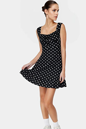 Kadın Mini A Line Kare Yaka Çiçekli Örme Elbise Yazlık Rahat Kombin Dayanıklı Malzeme Premium Kalite