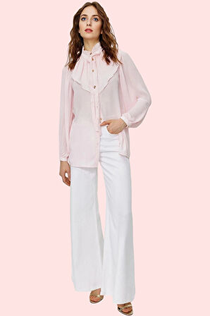 Kadın Şifon Gömlek Fırfırlı Hakim Yaka Uzun Kollu Yazlık Günlük Kullanım Dayanıklı Malzeme